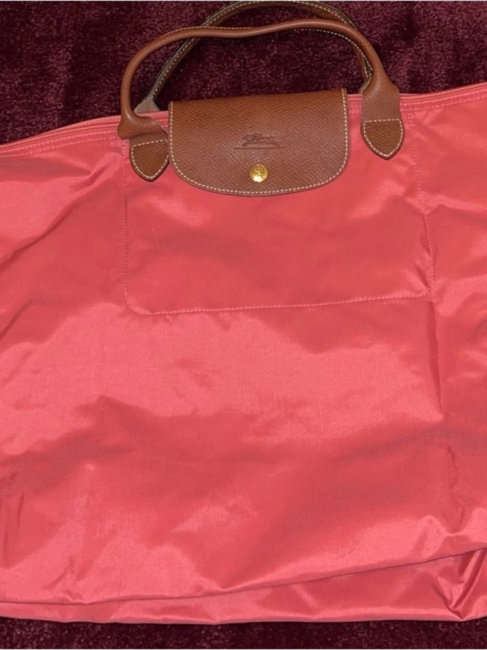 Longchamp Le Pliage Large Nylon Tote - Coral with Brown Trim